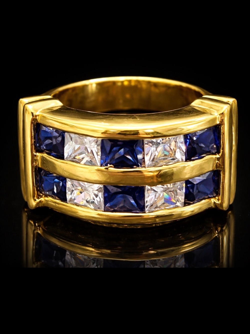 Technibond Vintage princess cut sapphire CZ 
Channel set cocktail ring 18k Gold